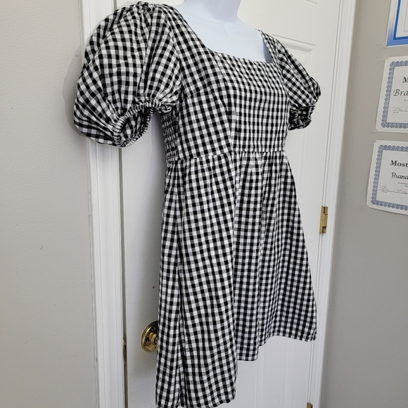 Abound Black White Gingham Checked Puff Sleeve Ruched Back Mini Dress Size M - Picture 5 of 11